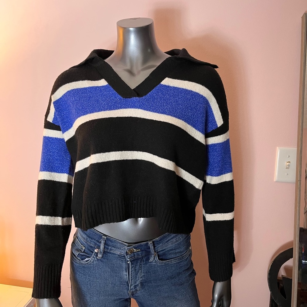 NWT XS Multicolor Striped Collared Cropped Sweater